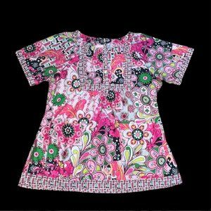 Koi Pink White Floral Paisley Vibrant Bright Size Medium Scrub Top Shirt